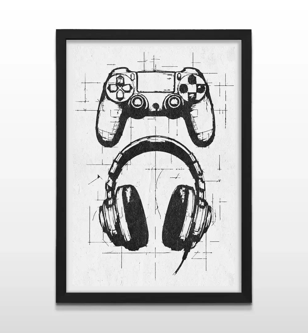 Cuadro moderno Game Mode con ilustración técnica de joystick y auriculares gamer negros sobre fondo blanco con marco negro de madera, póster vertical para decoración de livings