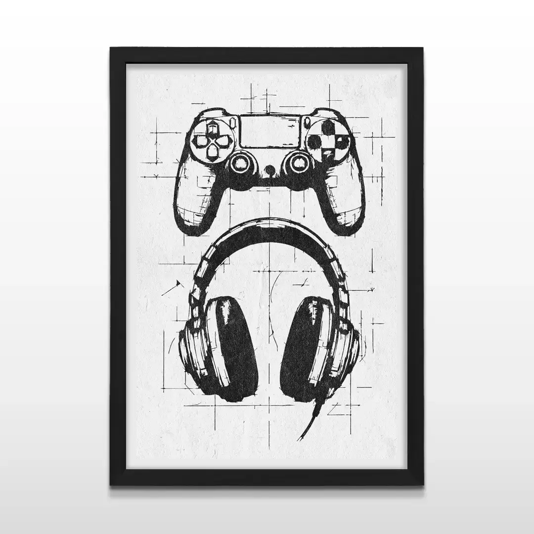 Cuadro moderno Game Mode con ilustración técnica de joystick y auriculares gamer negros sobre fondo blanco con marco negro de madera, póster vertical para decoración de livings