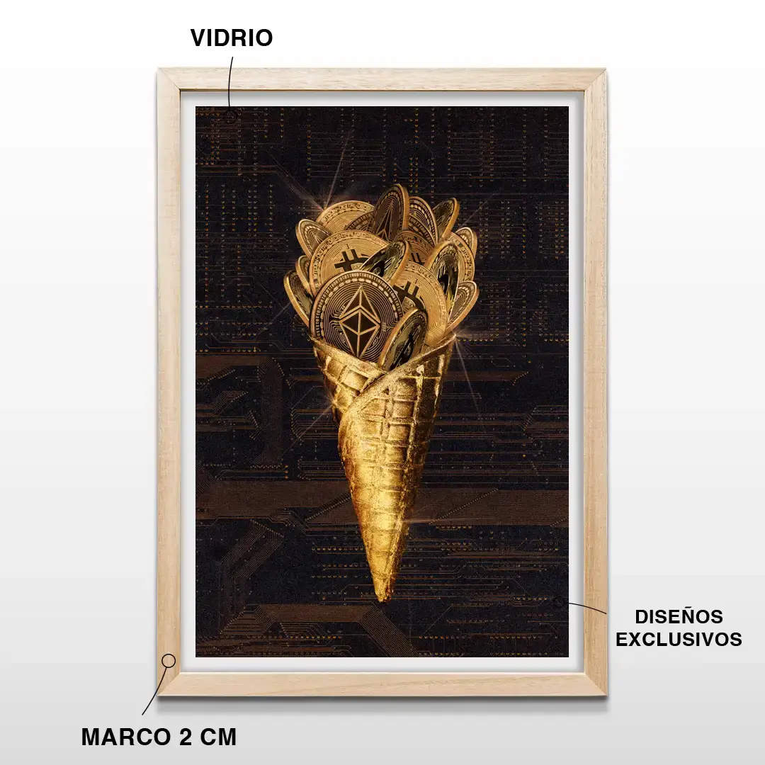 Cuadro minimalista Helado Criptomonedas con ilustración de cono de helado dorado relleno de monedas Bitcoin y Ethereum sobre fondo oscuro de circuitos, incluye marco de madera de 2 cm, vidrio protector y lámina premium vertical