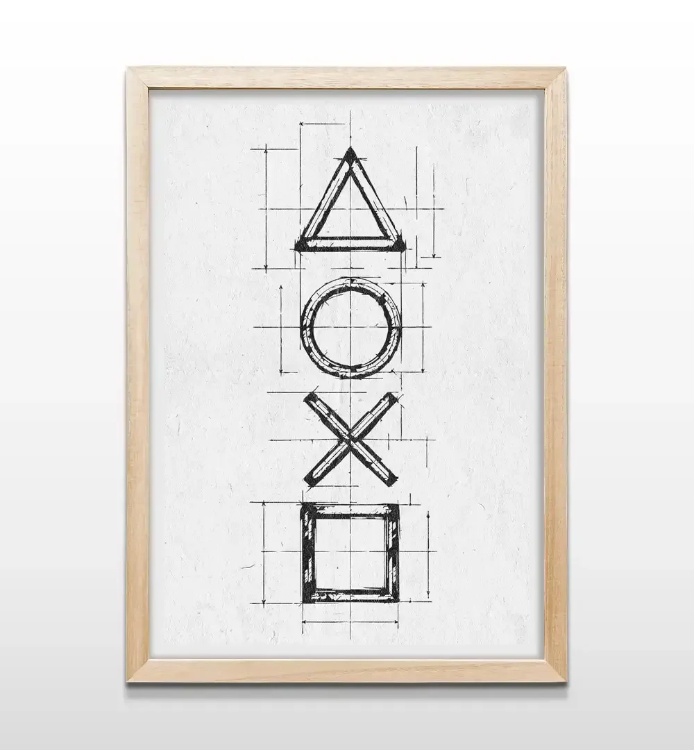 Cuadro decorativo Lenguaje Gamer con diseño de símbolos de mando de videojuegos en estilo boceto negro sobre fondo blanco texturizado con marco de madera clara, lámina artística para dormitorios