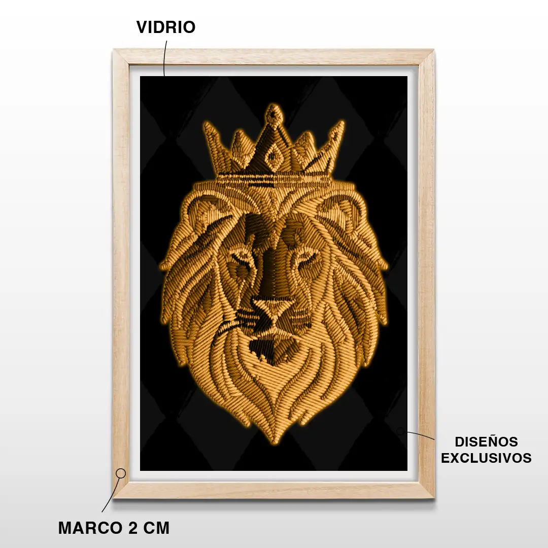 Cuadro para living con diseño de león dorado con corona sobre fondo negro de rombos, incluye marco de madera de 2 cm, vidrio protector y lámina premium