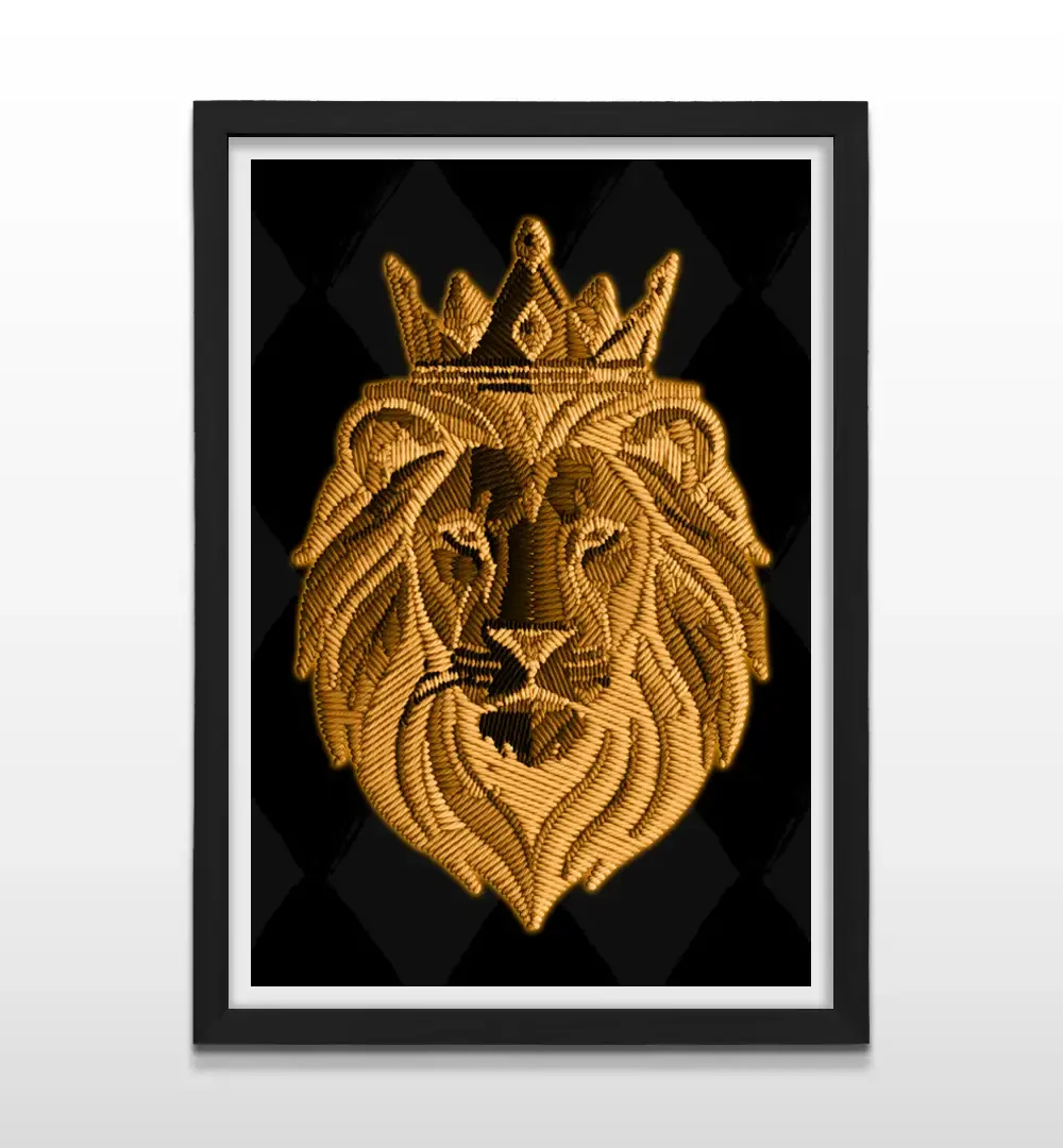 Cuadro moderno de león dorado coronado con textura de líneas sobre fondo oscuro con marco negro, póster decorativo para livings contemporáneos