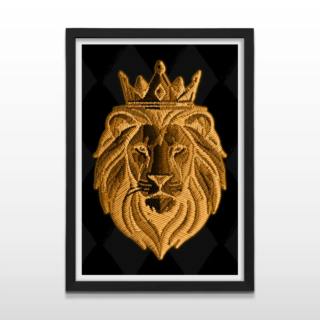 Cuadro moderno de león dorado coronado con textura de líneas sobre fondo oscuro con marco negro, póster decorativo para livings contemporáneos