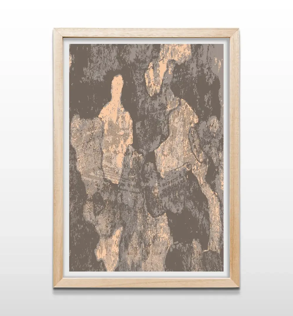 Cuadro decorativo nórdico con pintura abstracta de textura natural beige y gris con marco de madera clara, lámina vertical para paredes de dormitorios escandinavos