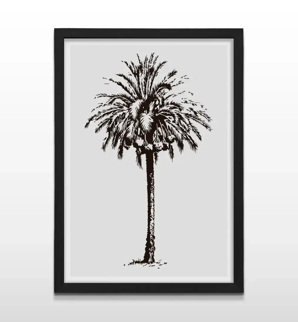 Cuadro moderno Oasis con ilustración de silueta de palmera negra sobre fondo blanco claro con marco negro de madera, póster vertical para decoración de livings
