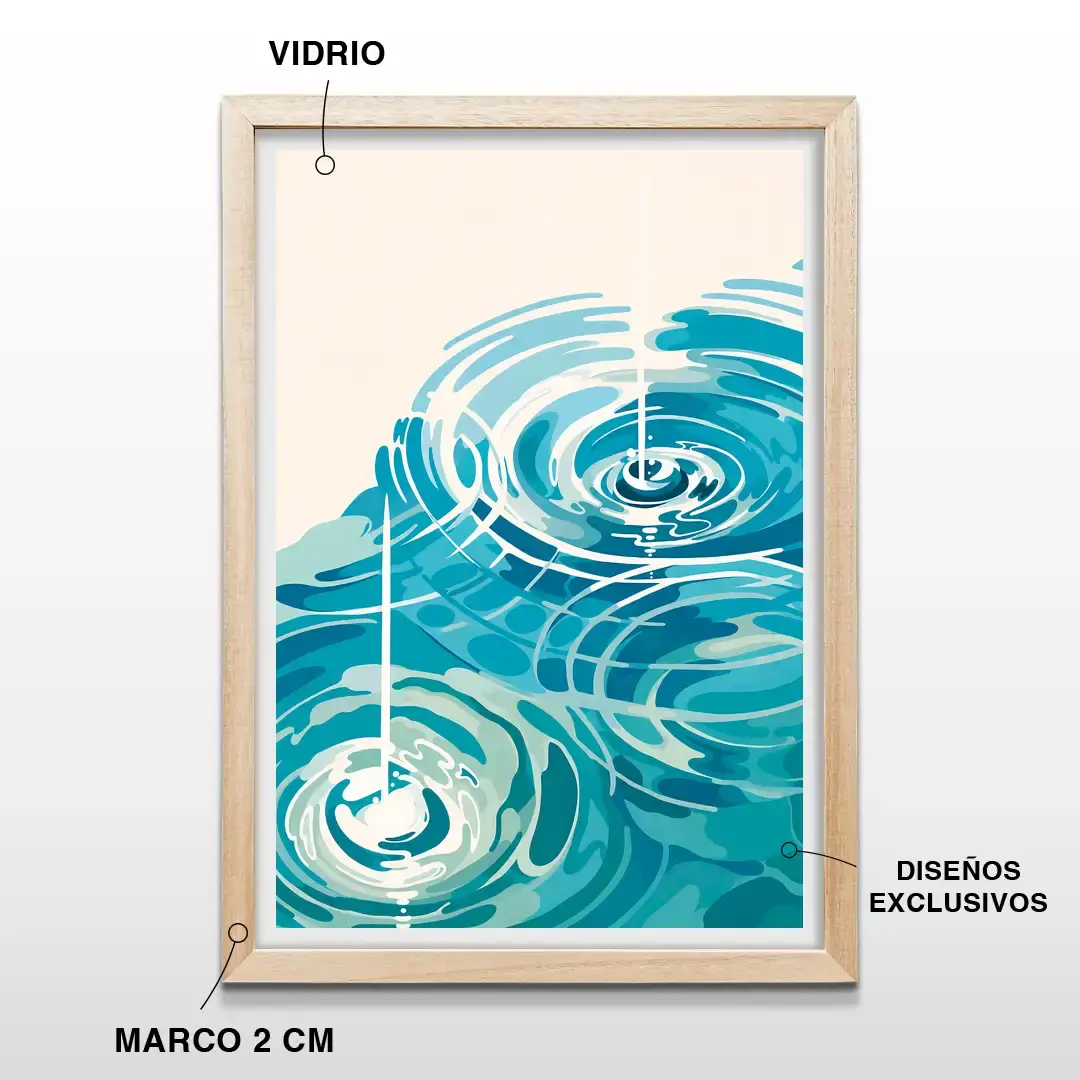 Cuadro moderno Ondas de Agua con ilustración de ondas concéntricas en tonos turquesas y azules sobre fondo crema, incluye marco de madera de 2 cm, vidrio protector y lámina premium vertical