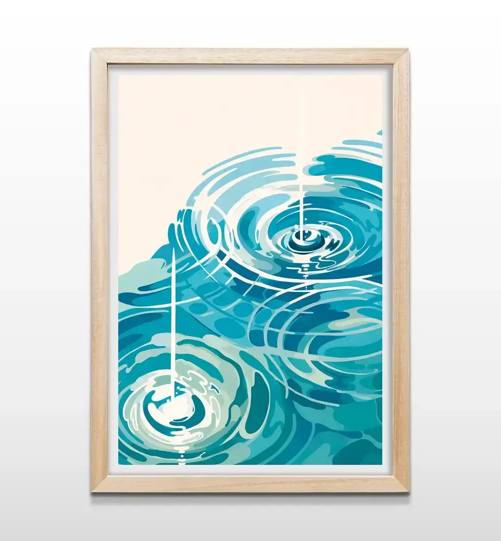 Cuadro decorativo Ondas de Agua con diseño de ondas concéntricas turquesas y fondo crema con marco de madera clara, lámina artística para decoración de baños modernos