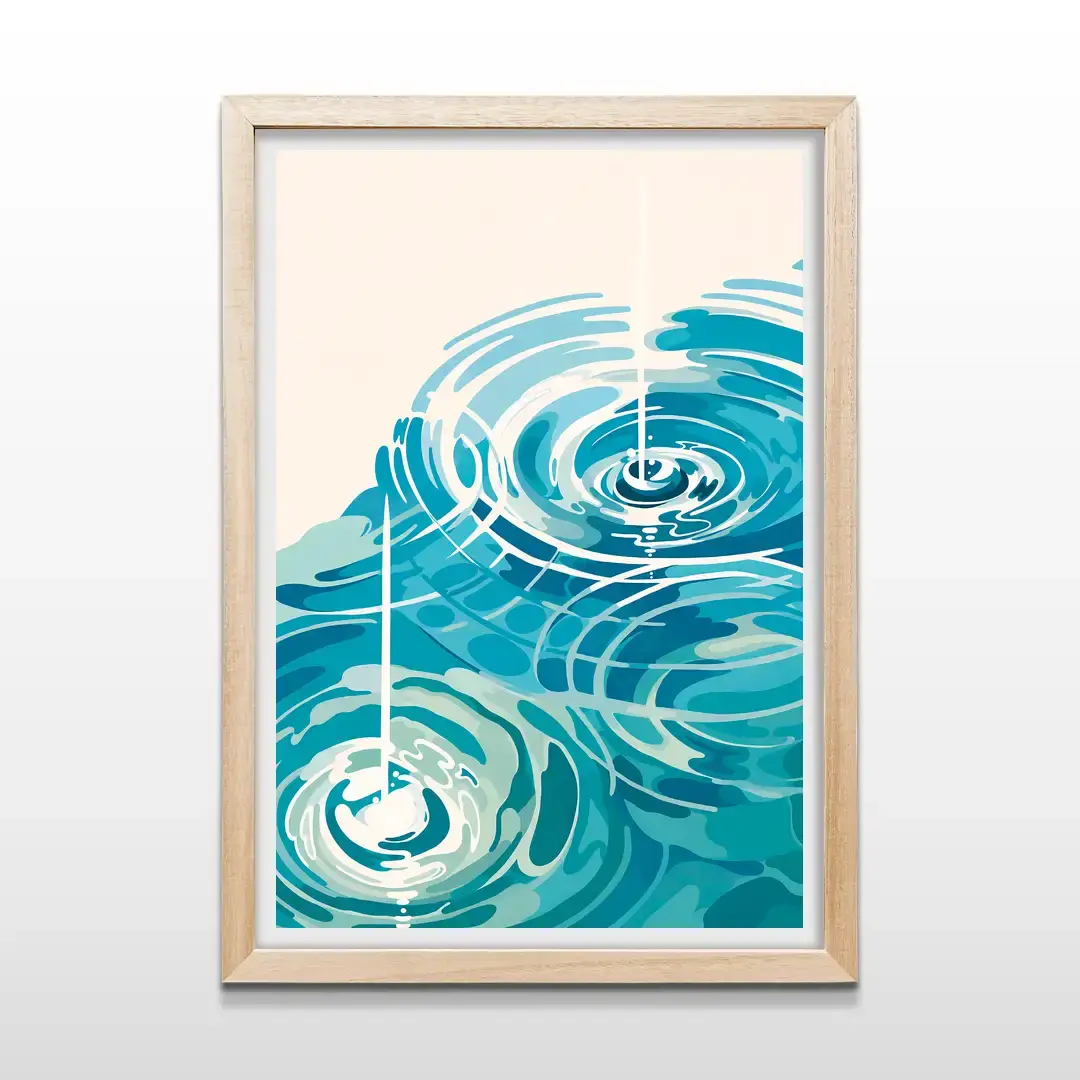 Cuadro decorativo Ondas de Agua con diseño de ondas concéntricas turquesas y fondo crema con marco de madera clara, lámina artística para decoración de baños modernos