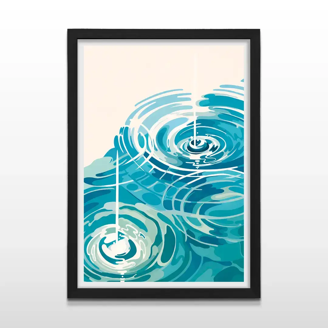 Cuadro moderno Ondas de Agua con ilustración de ondas concéntricas azules y turquesas sobre fondo crema con marco negro de madera, póster vertical para dormitorios