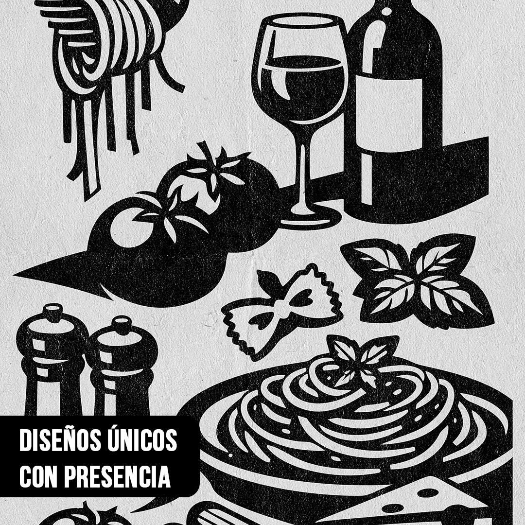 Primer plano de una ilustración gráfica en tinta negra con motivos de comida italiana, que muestra tomates, fideos moñito, una copa y una botella de vino sobre un fondo blanco texturizado