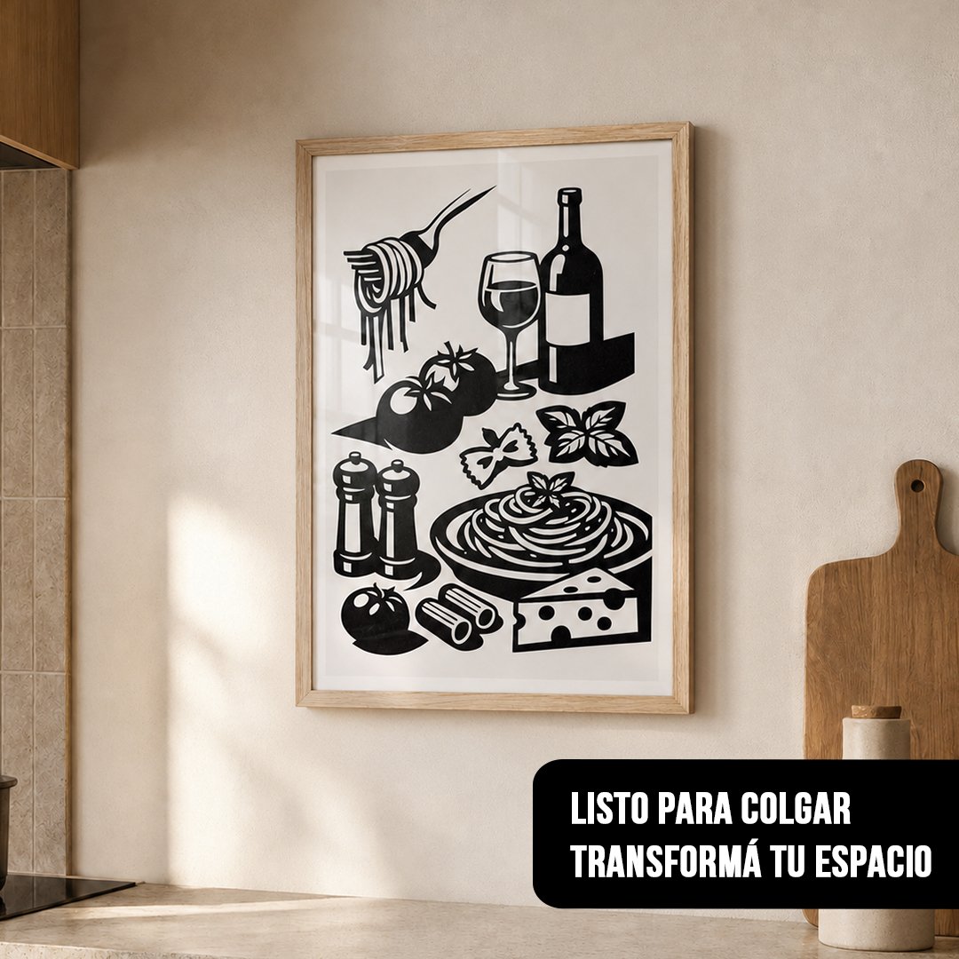 Cuadro vertical con marco de madera clara de una ilustración de pastas y vino en blanco y negro, colgado en la pared de una cocina al lado de una tabla de picar de madera