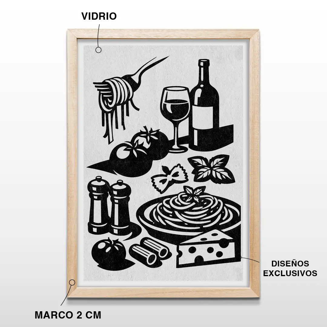 Cuadro de cocina con ilustración en blanco y negro de plato de pasta, vino, queso y tomates, incluye marco de madera de 2 cm, vidrio protector y lámina premium