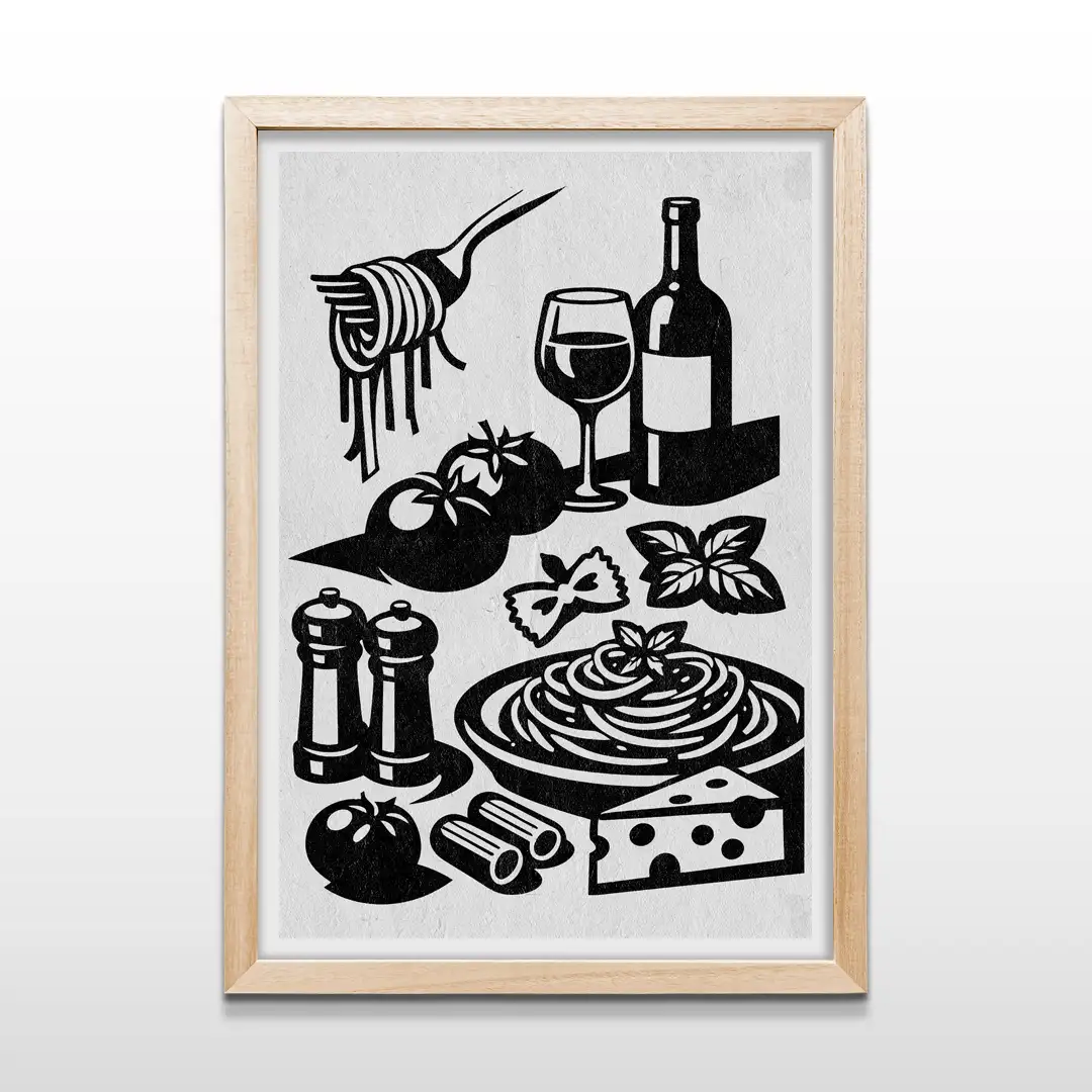 Cuadro decorativo para comedor con diseño de pasta y vino en blanco y negro con marco de madera clara, lámina artística vertical para paredes de cocina