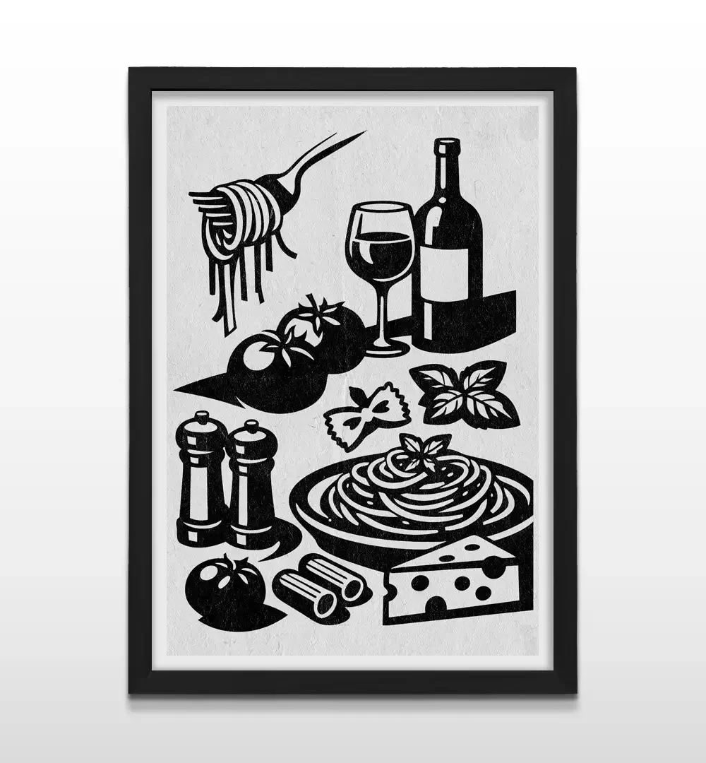 Cuadro moderno de cocina con grabado en blanco y negro de fideos, queso, tomates y botella de vino con marco negro, póster decorativo para comedores