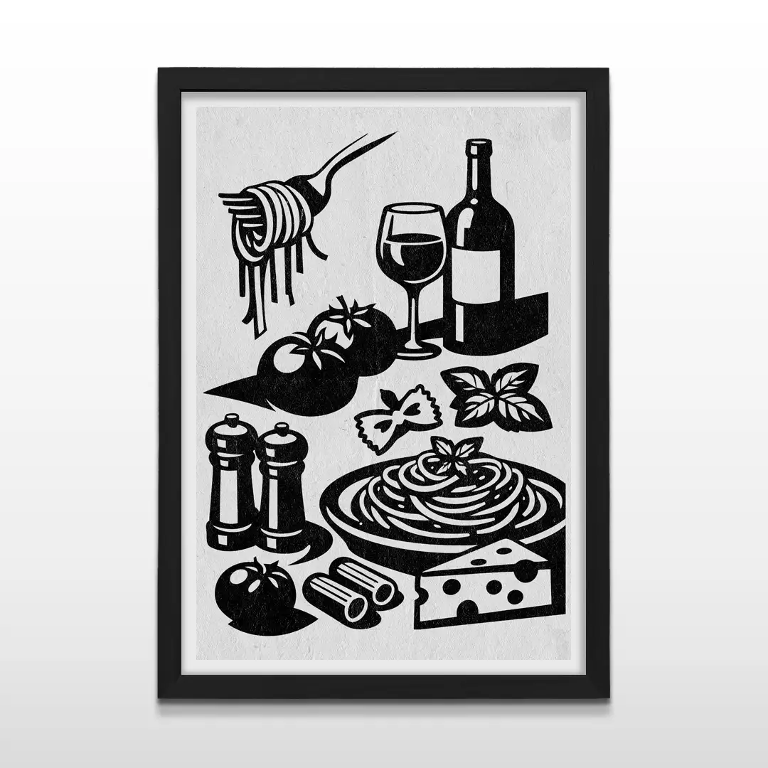 Cuadro moderno de cocina con grabado en blanco y negro de fideos, queso, tomates y botella de vino con marco negro, póster decorativo para comedores