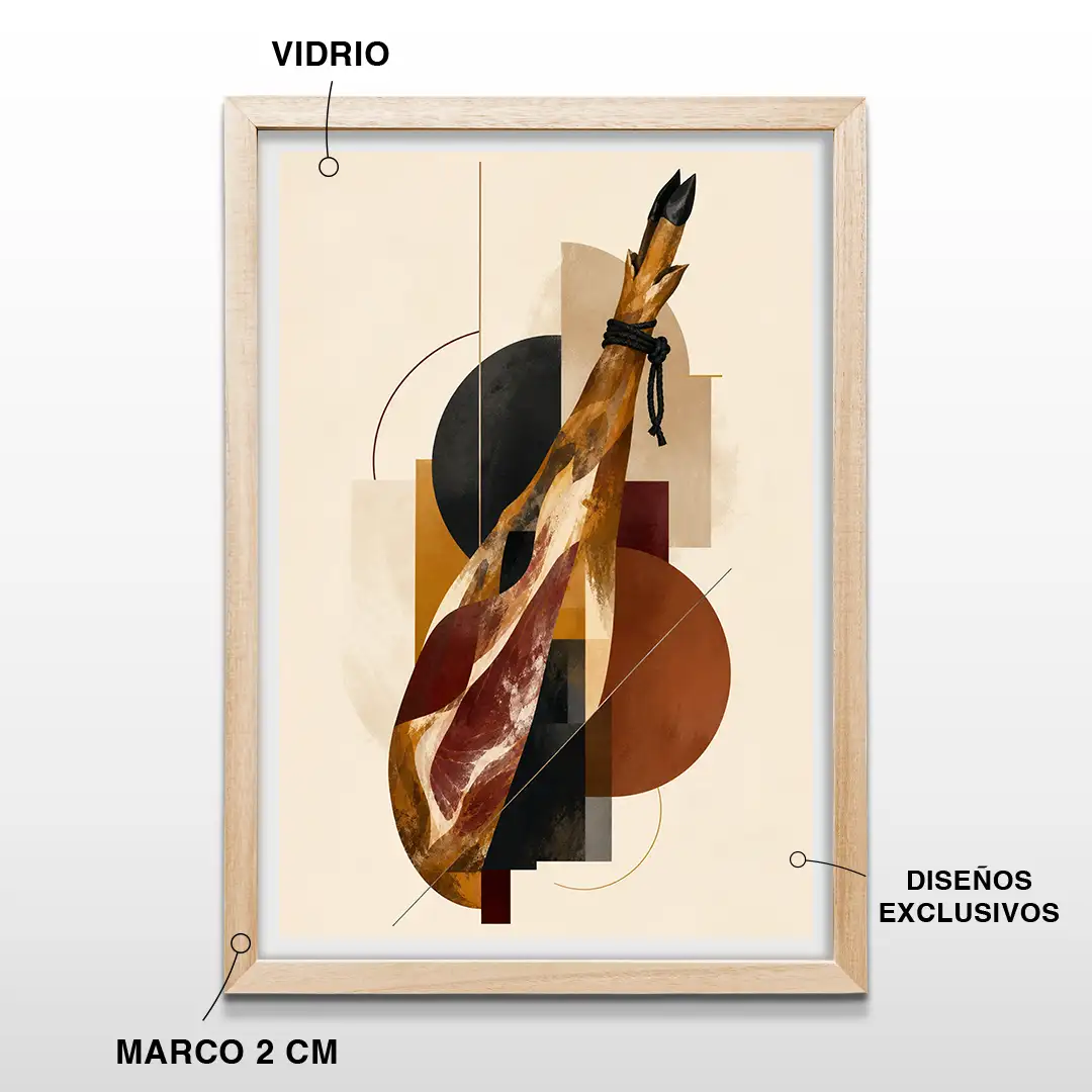 Cuadro de cocina con ilustración geométrica abstracta de pata de jamón ibérico en tonos rojizos y ocre, incluye marco de madera de 2 cm, vidrio protector y lámina de alta calidad