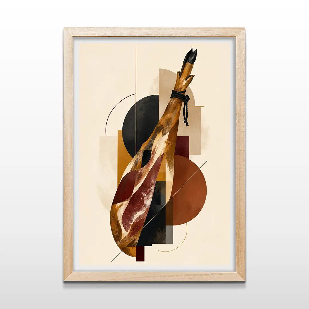 Cuadro decorativo de jamón ibérico abstracto con figuras geométricas y fondo beige con marco de madera clara, arte de pared vertical para comedores modernos