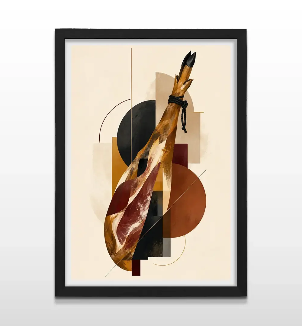 Cuadro moderno con ilustración artística de pata de jamón ibérico y formas circulares color terracota con marco negro de madera, póster decorativo para cocinas gourmet