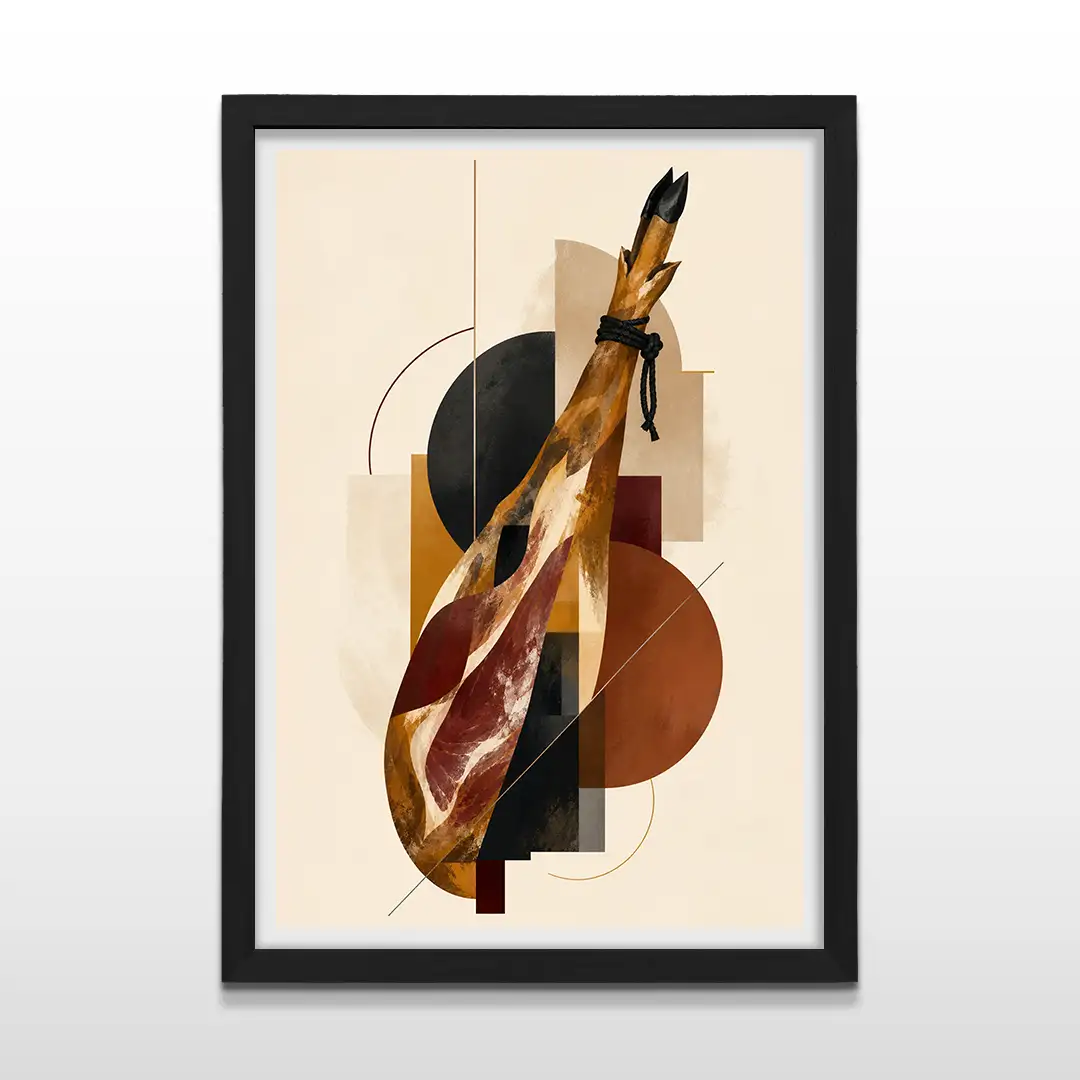 Cuadro moderno con ilustración artística de pata de jamón ibérico y formas circulares color terracota con marco negro de madera, póster decorativo para cocinas gourmet