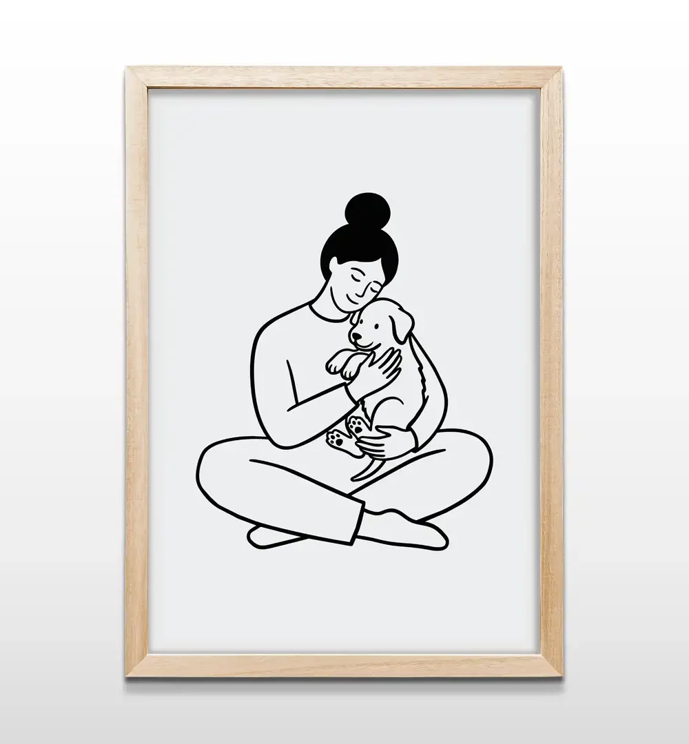 Cuadro decorativo de mujer abrazando a un perro cachorro en arte lineal negro con fondo blanco y marco de madera clara, lámina artística para paredes de dormitorios