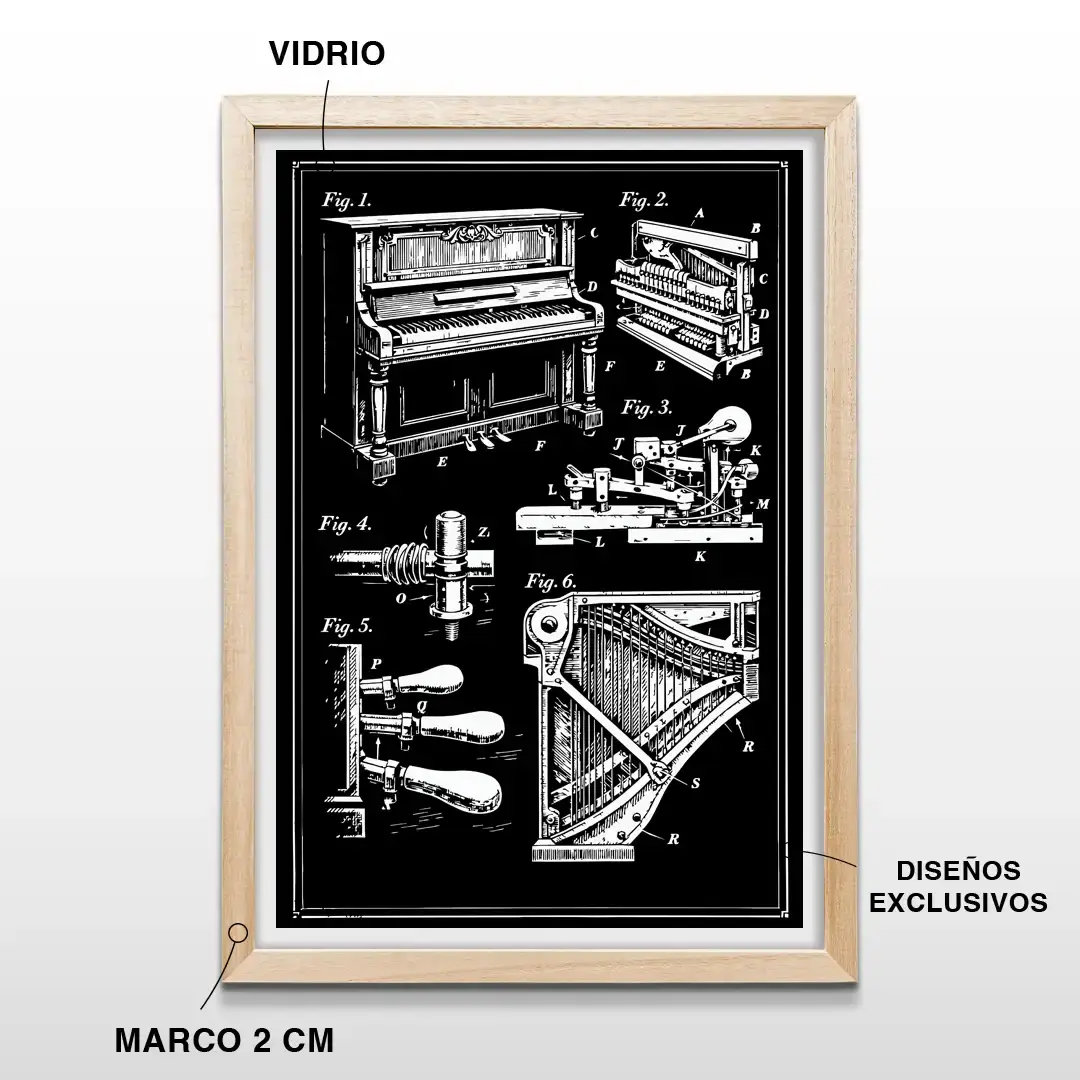 Cuadro minimalista Piano Patent con plano técnico de piano vertical y sus mecanismos en líneas blancas sobre fondo negro, incluye marco de madera de 2 cm, vidrio protector y lámina premium vertical