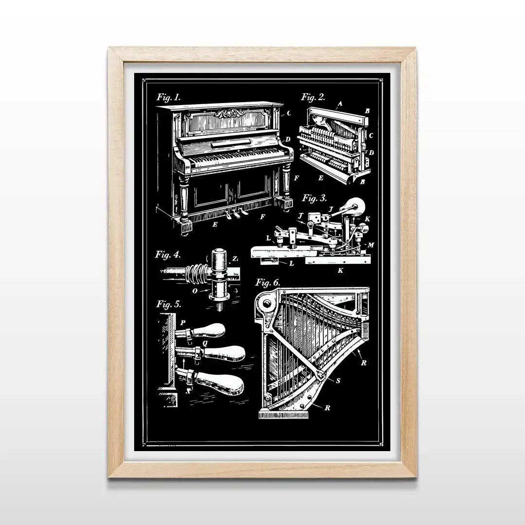 Cuadro decorativo Piano Patent con diseño de plano técnico de piano antiguo blanco sobre fondo negro con marco de madera clara, lámina artística musical para paredes de dormitorios