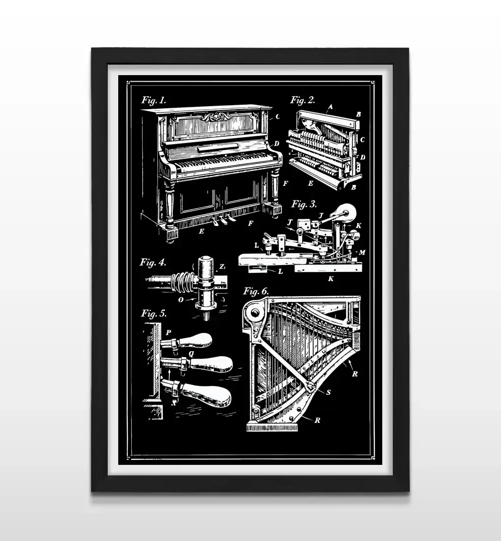 Cuadro moderno Piano Patent con ilustración esquemática de patente de piano blanca sobre fondo negro con marco negro de madera, póster vertical para decoración de livings