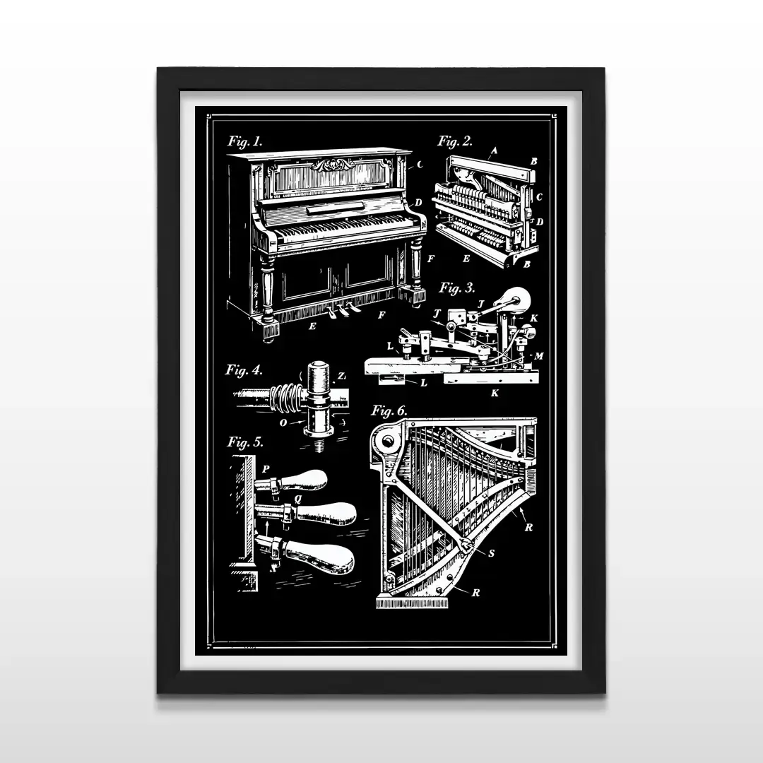 Cuadro moderno Piano Patent con ilustración esquemática de patente de piano blanca sobre fondo negro con marco negro de madera, póster vertical para decoración de livings