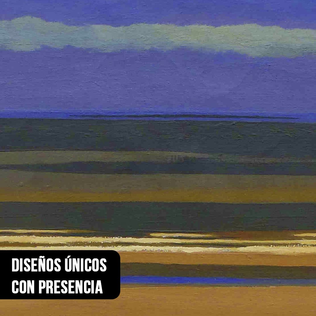 Primer plano de una pintura abstracta de paisaje con franjas horizontales en tonos violeta, ocre, marrón y dorado con texturas de pinceladas