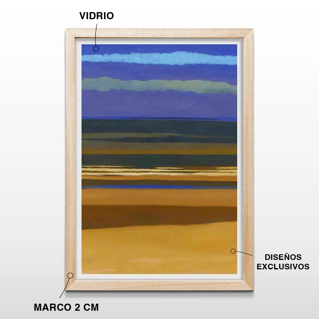Cuadro de paisaje abstracto de playa con franjas de pintura al óleo en tonos ocre, azul y violeta, incluye marco de madera de 2 cm, vidrio protector y lámina premium
