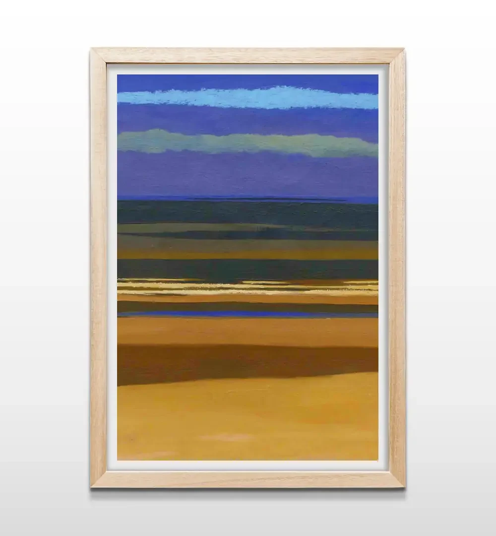 Cuadro decorativo de playa abstracta de color ocre y azul con marco de madera clara, lámina artística vertical para paredes de dormitorios modernos