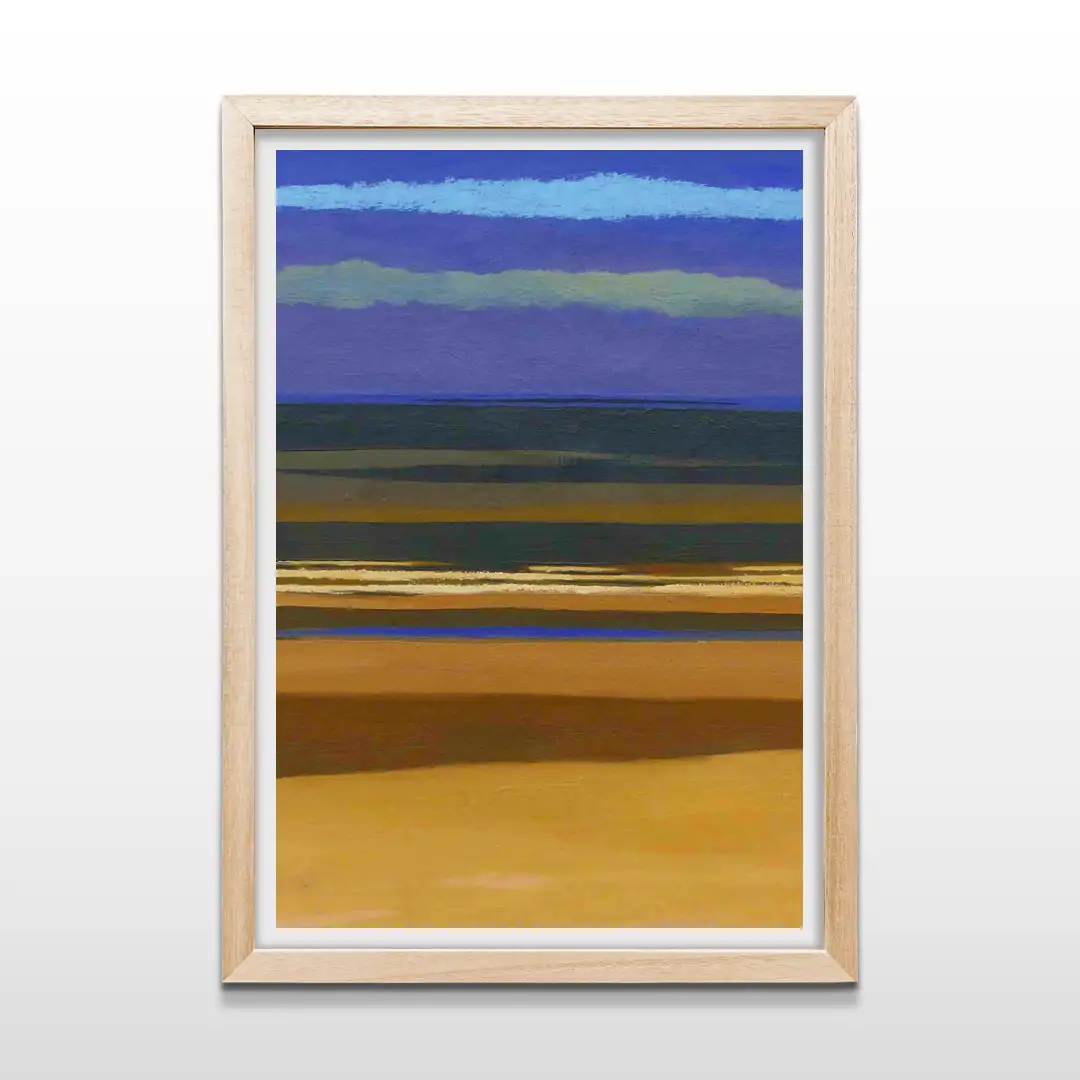 Cuadro decorativo de playa abstracta de color ocre y azul con marco de madera clara, lámina artística vertical para paredes de dormitorios modernos