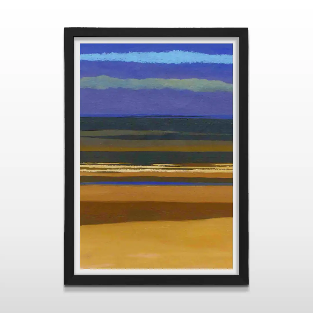 Cuadro moderno con pintura abstracta de paisaje marino en franjas horizontales violetas y ocres con marco negro de madera, póster decorativo para livings