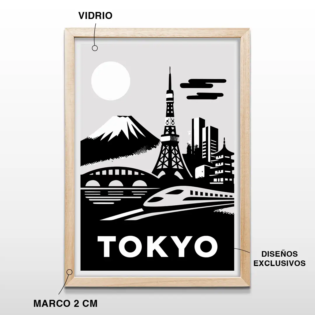 Cuadro de Tokio abstracto en blanco y negro con ilustración del Monte Fuji, la Torre de Tokio y tren bala, incluye marco de madera de 2 cm, vidrio protector y lámina premium