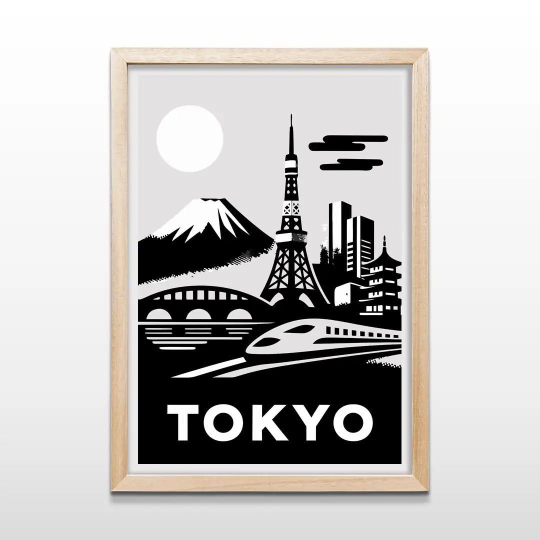 Cuadro decorativo de Tokio minimalista con siluetas urbanas en blanco y negro y la palabra Tokyo con marco de madera clara, lámina artística vertical para livings