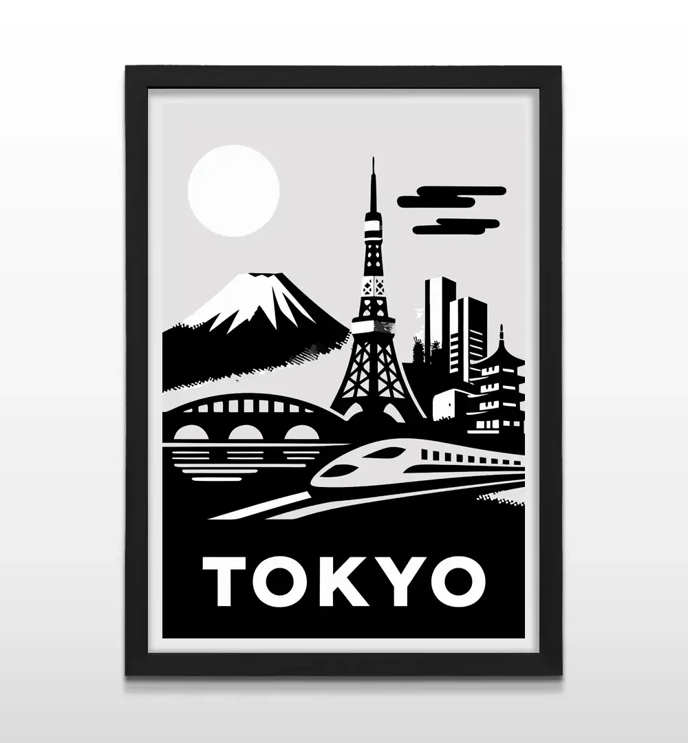 Cuadro moderno de Tokio en blanco y negro con diseño gráfico del Monte Fuji y letras blancas con marco negro de madera, póster de pared para dormitorios modernos