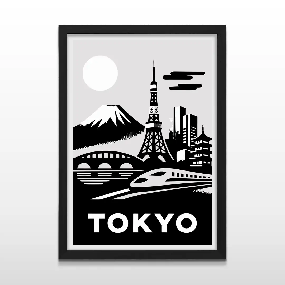 Cuadro moderno de Tokio en blanco y negro con diseño gráfico del Monte Fuji y letras blancas con marco negro de madera, póster de pared para dormitorios modernos