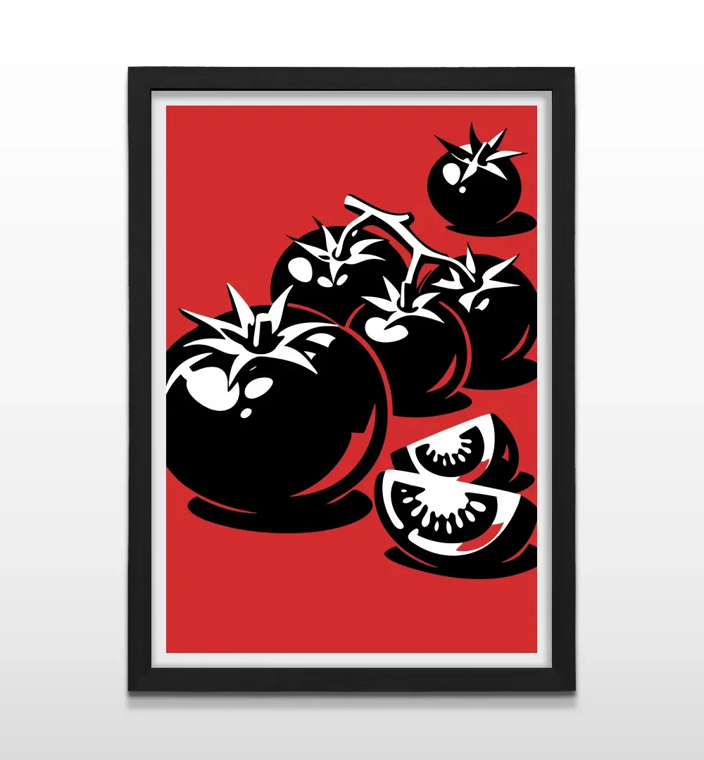 Cuadro vertical en marco negro con lámina Pop Art de tomates frescos en rama ideales para decoración de cocina