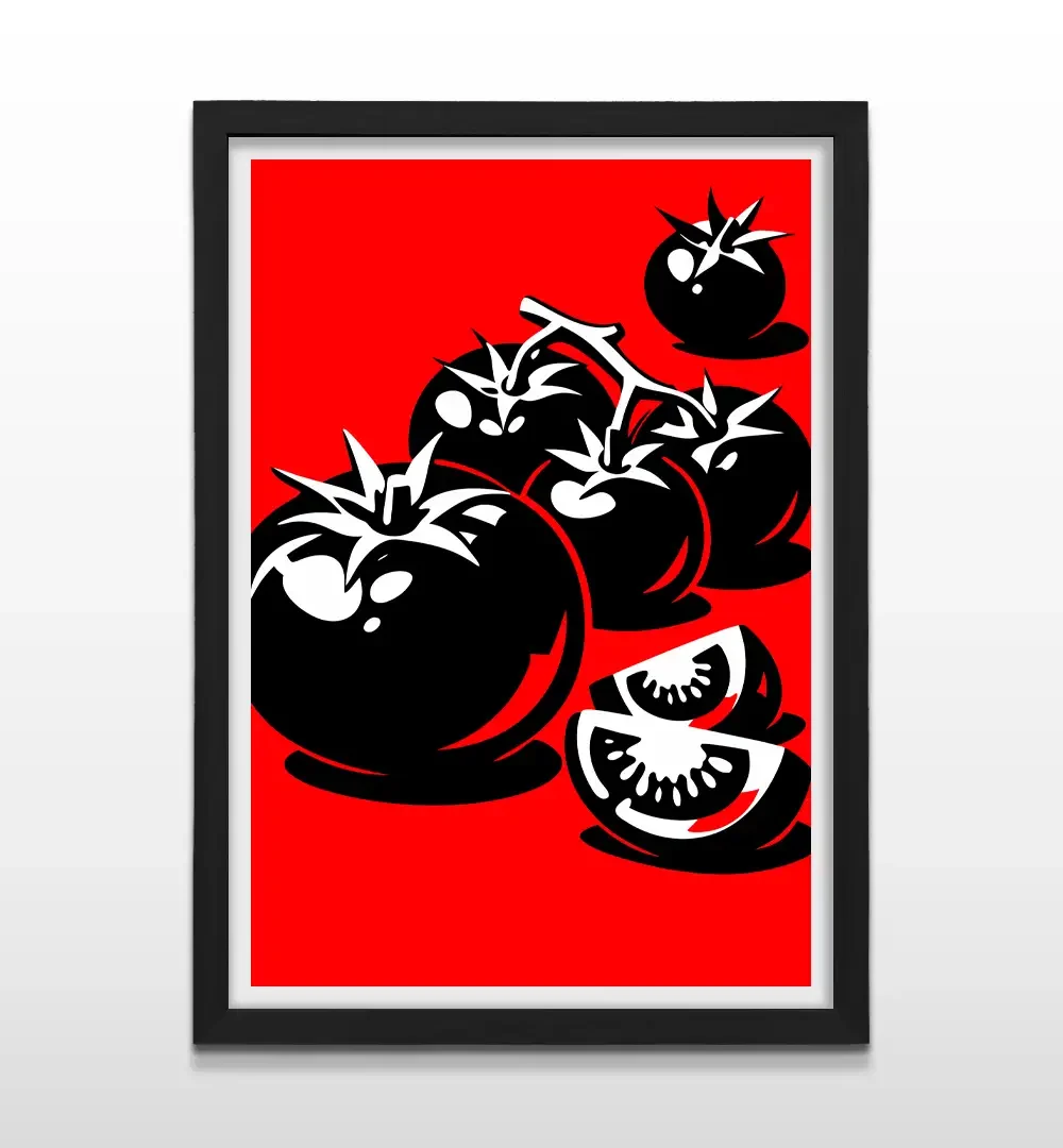Cuadro moderno de tomates abstractos en negro sobre fondo rojo con marco negro de madera, póster decorativo vertical para comedores y livings