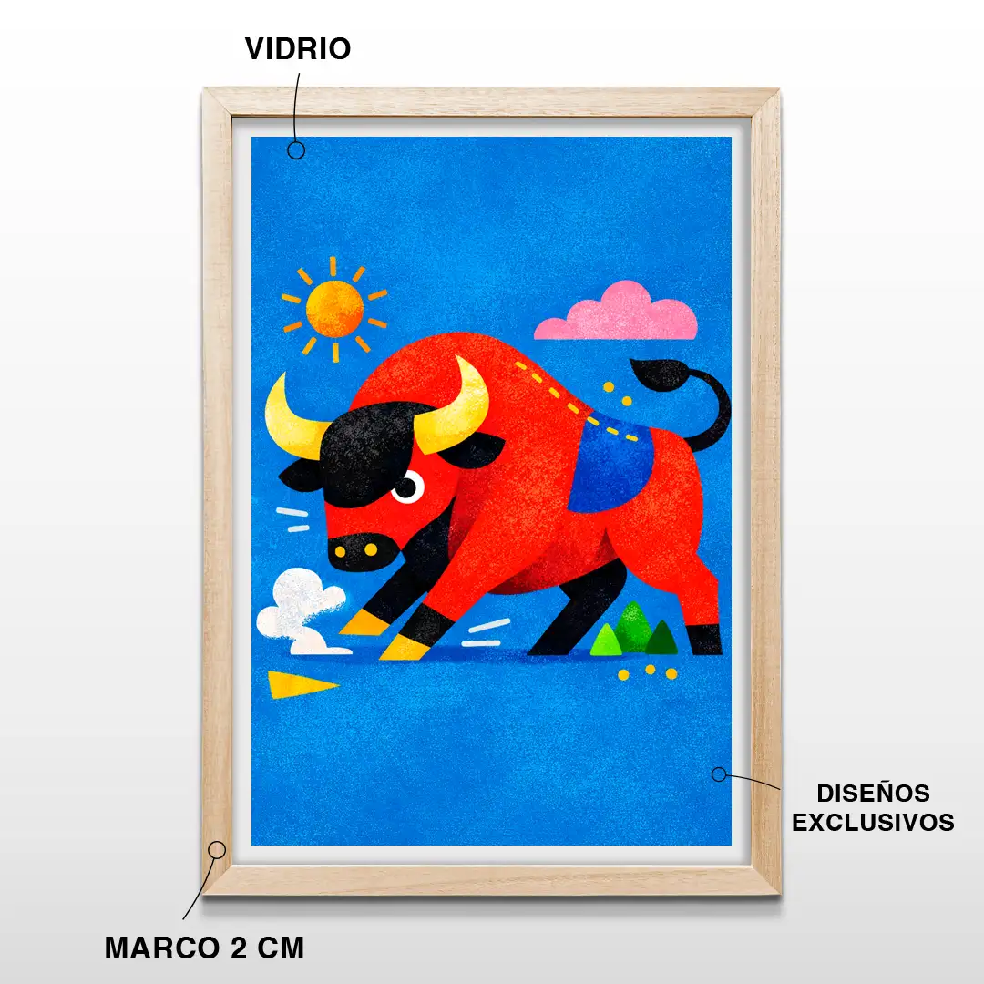 Cuadro infantil con ilustración de toro rojo y azul, sol amarillo y fondo azul texturizado, incluye marco de madera de 2 cm, vidrio protector y lámina premium