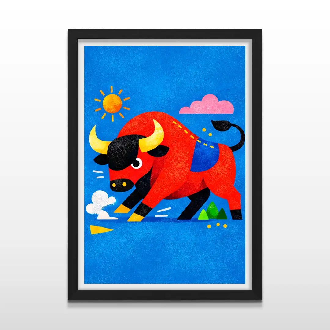 Cuadro moderno infantil con dibujo animado de toro colorido sobre fondo azul vibrante con marco negro de madera, póster decorativo para dormitorios de niños