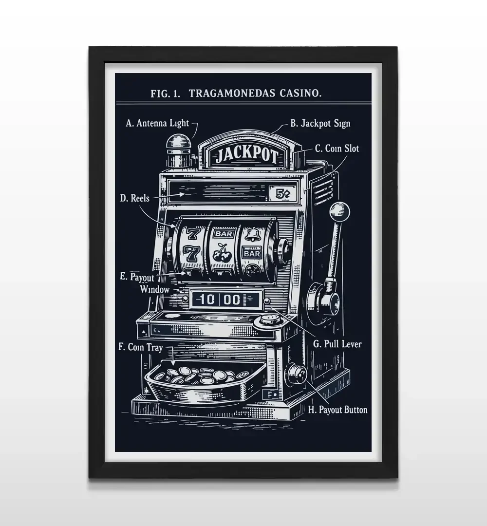 Cuadro moderno Tragamonedas Blueprint con ilustración esquemática de máquina de casino blanca sobre fondo azul oscuro con marco negro de madera, póster vertical para decoración de livings