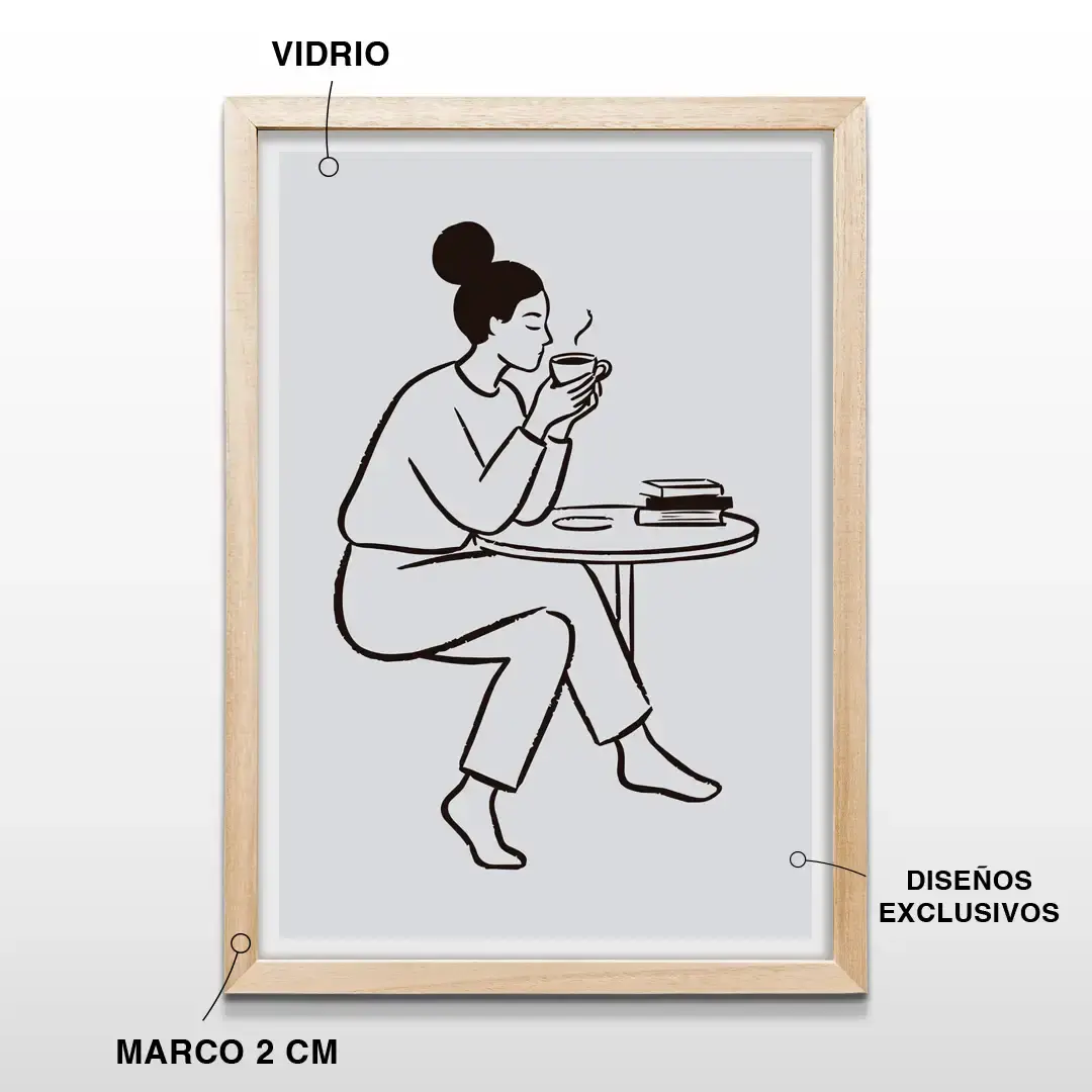 Cuadro minimalista Una Pausa con arte lineal de mujer sentada tomando un café sobre fondo gris claro, incluye marco de madera de 2 cm, vidrio protector y lámina premium vertical