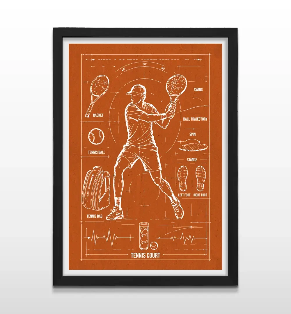 Cuadro vertical enmarcado en negro con ilustración esquemática de tenista y elementos de juego en blanco sobre fondo naranja