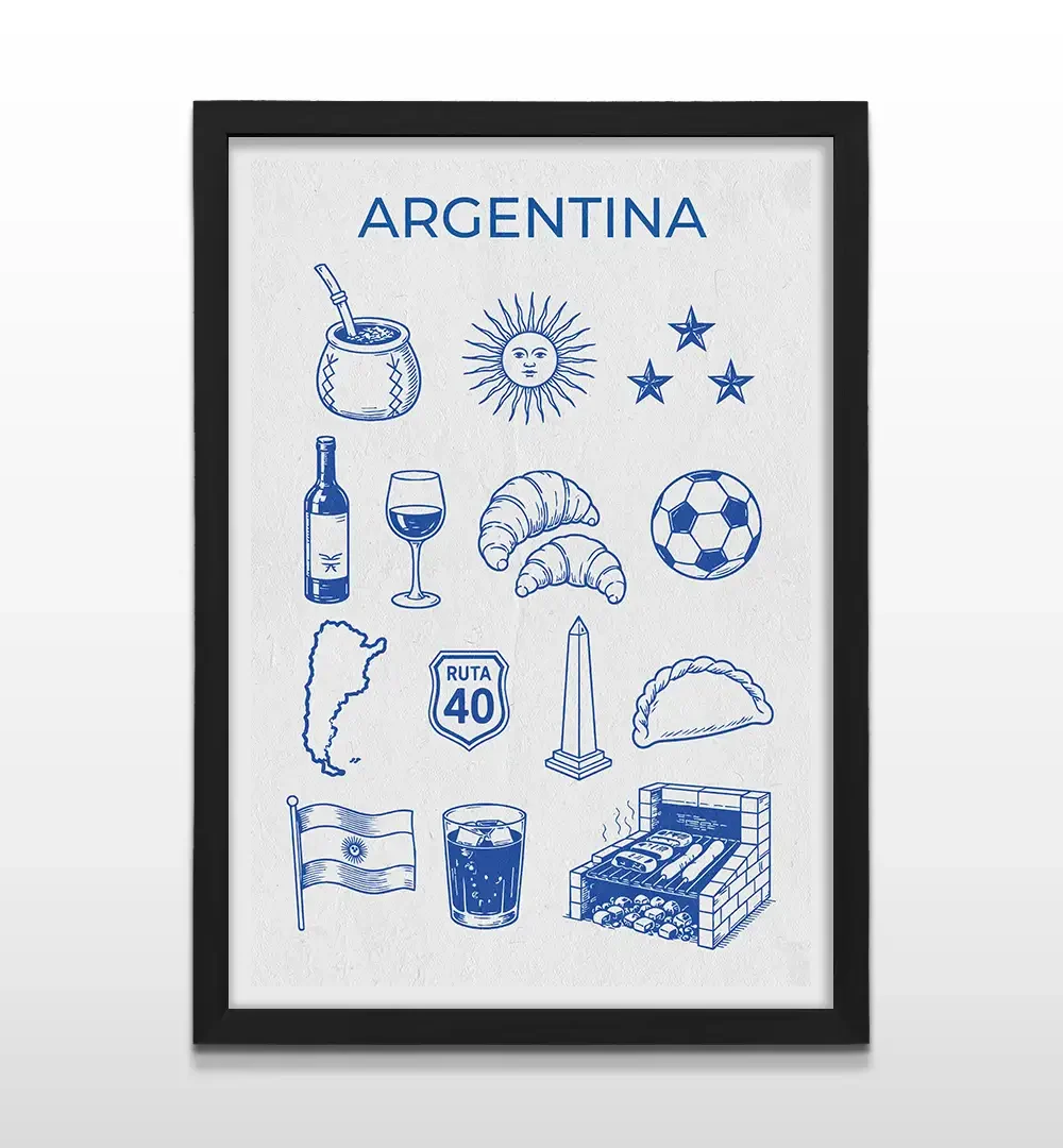 Cuadro vertical enmarcado en negro mate con título Argentina e íconos de la cultura argentina en azul sobre fondo blanco