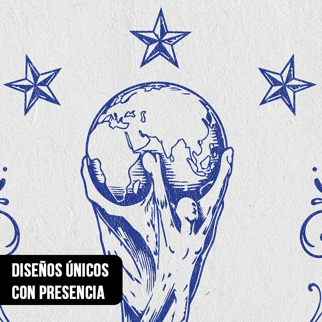 Primer plano del diseño de un cuadro con la Copa del Mundo ilustrada en líneas azules y tres estrellas en la parte superior sobre un fondo de papel blanco texturizado