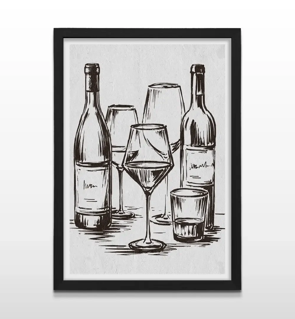 Cuadro vertical enmarcado en negro mate con grabado de botellas y copas de vino en trazo negro sobre fondo blanco texturizado