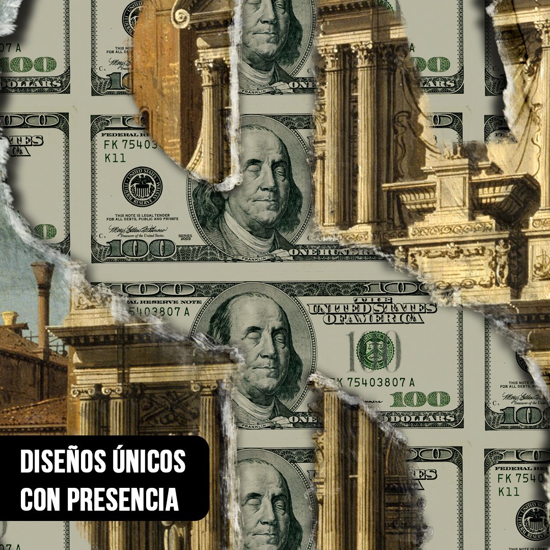Primer plano del diseño de un cuadro con detalle de billetes de 100 dólares y borde de papel rasgado sobre arquitectura clásica