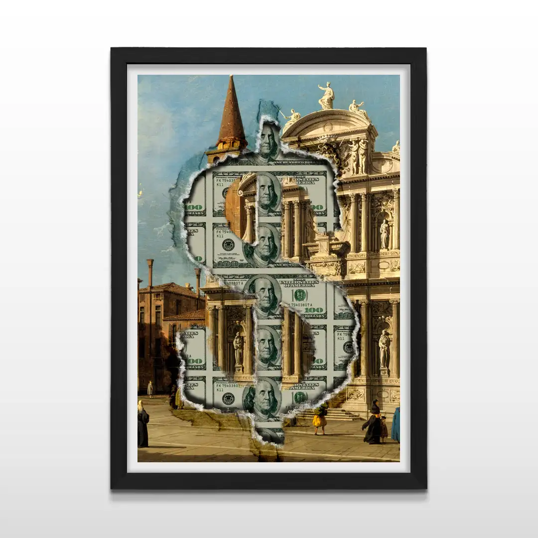 Cuadro vertical enmarcado en negro mate con arte de pintura renacentista y símbolo de dólar rasgado revelando billetes de cien dólares