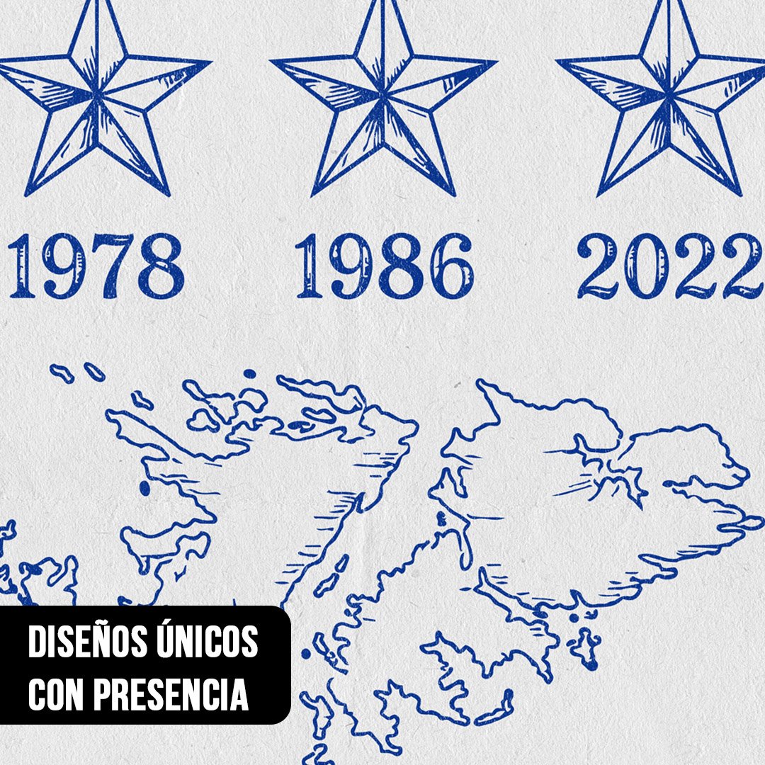 Primer plano del diseño de un cuadro que muestra tres estrellas azules con los años 1978, 1986 y 2022 alineados sobre una ilustración del mapa de las Islas Malvinas